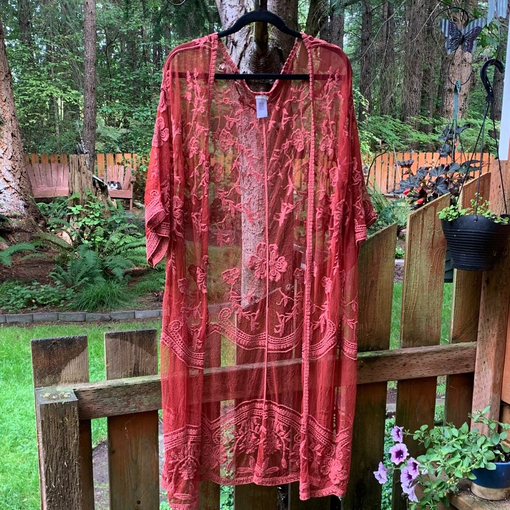 Rusty Red Emboidered Sheer Kimono